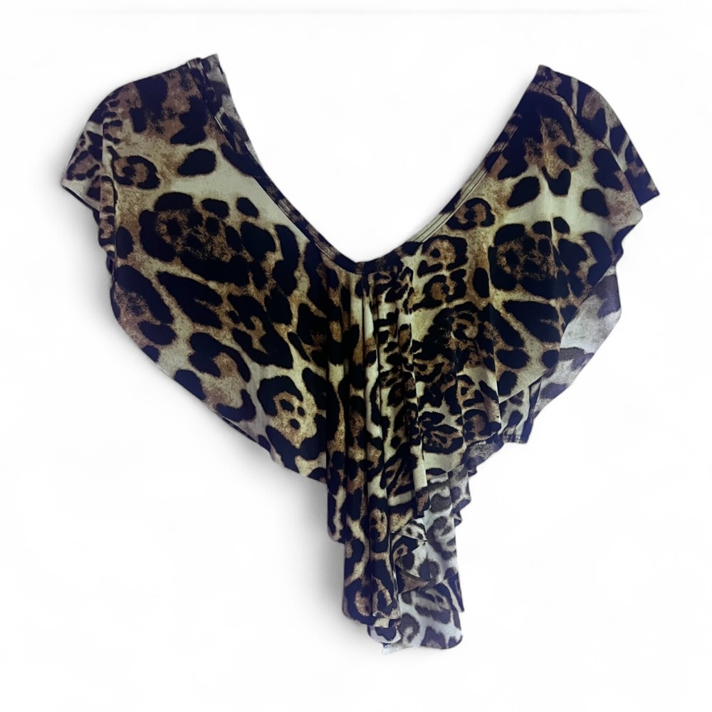 DGNY Women’s Cheetah V Neck Crop Top Size Small Sleeveless Ruffle S tyle Blouse